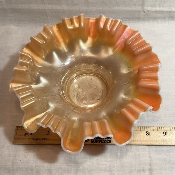 Carnival Glass Vintage Iridescent Ruffled Glass Bowl Floral Design Impressed - Picture 6 of 10